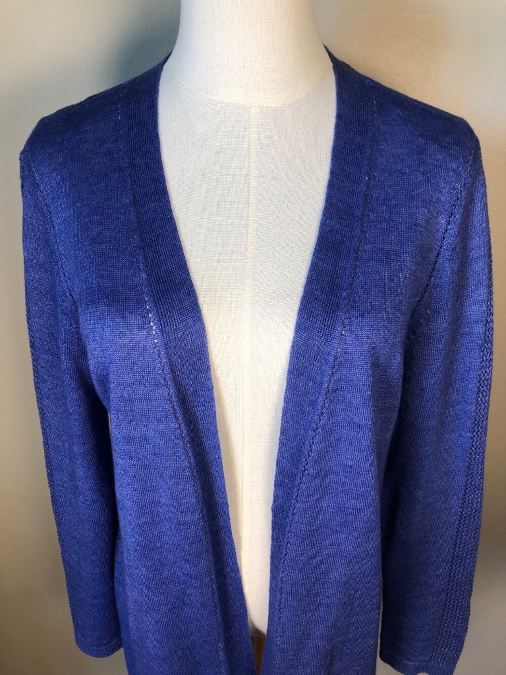 Talbots Open Front Linen Blue Cardigan w/ Lace Knit Detail Beach Coastal Sz SP